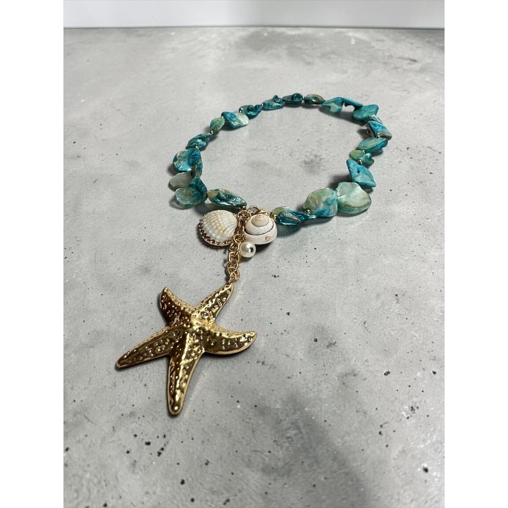 18" Statement Starfish Shell Necklace Teal Gold Tone Coastal Nautical
